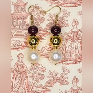 Natural Ruby + White Pearl In Minimalist And Divine Gold Plated Earrings